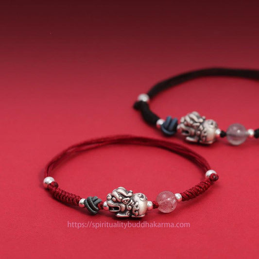 Ancient Tibetan Buddhist Red String Tradition  999 Sterling Silver PiXiu Strawberry Quartz Bead Wealth Luck Braided Bracelet