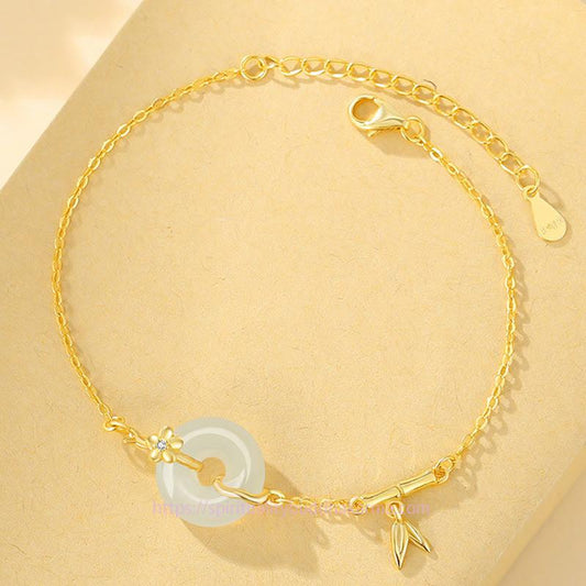 Jade  925 Sterling Silver Hetian Jade Chalcedony Peace Buckle Bamboo Leaf Prosperity Chain Bracelet