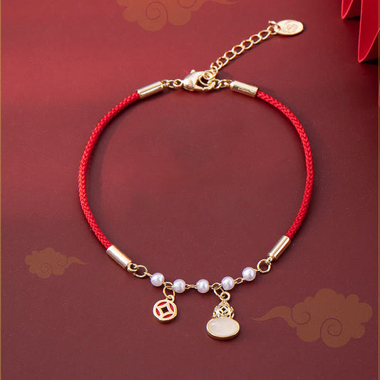 Ancient Tibetan Buddhist Red String Tradition  Copper Coin Pearl Gourd Charm Braided Red Rope Bracelet