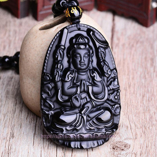 Spirituality Chinese Zodiac Obsidian Buddha Amulet Protection Pendant Necklace