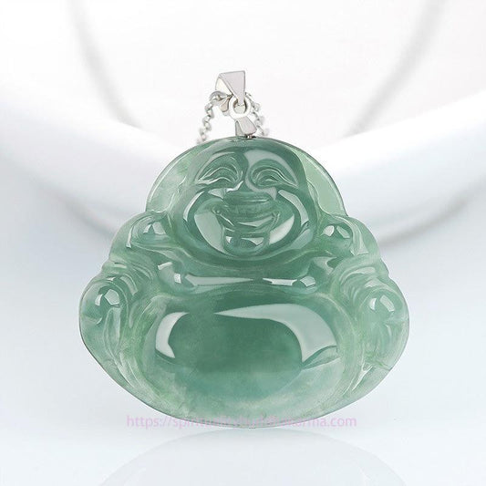 Spirituality 925 Sterling Silver Laughing Buddha Jade Protection Calm Necklace Chain Pendant