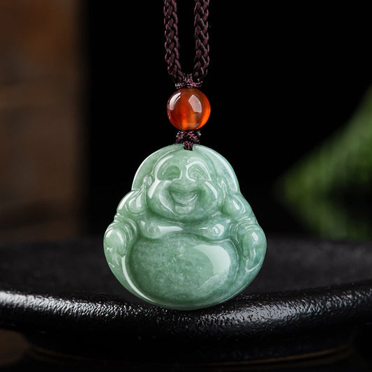 Spirituality Laughing Buddha Cyan Jade Success Necklace String Pendant