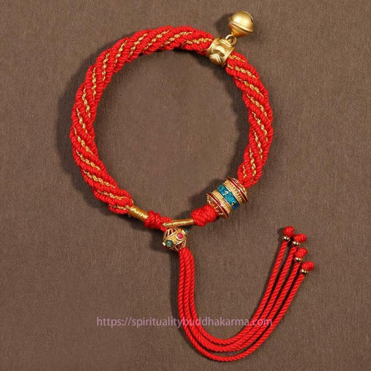 Ancient Tibetan Buddhist Red String Tradition  Tibetan Handmade Luck Protection Thangka Prayer Wheel Bell Charm Braid String Bracelet