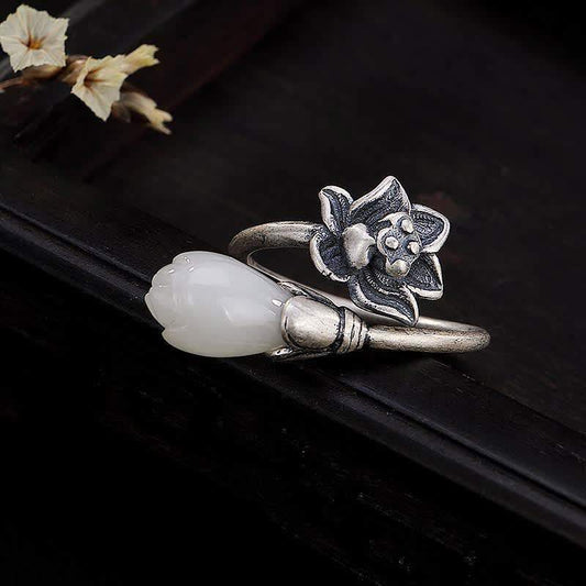 Jade  Jade Lotus Copper Balance Healing Adjustable Ring