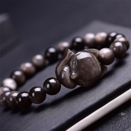Spirituality Buddha Karma Natural Silver Sheen Obsidian Fox Protection Bracelet