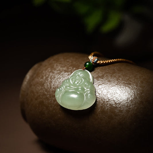 Jade  Laughing Buddha Jade Lotus Prosperity String Necklace Pendant