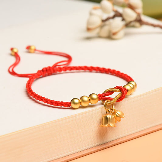 Ancient Tibetan Buddhist Red String Tradition  Handcrafted Lily Of The Valley Flower Charm Design Luck Protection Braided Bracelet