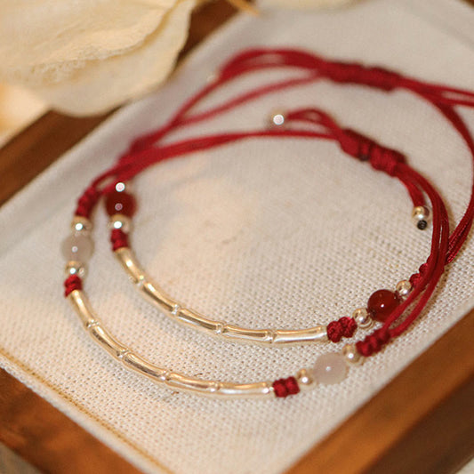 Ancient Tibetan Buddhist Red String Tradition  925 Sterling Silver Bamboo White Agate Red Agate Bead Protection String Braided Bracelet