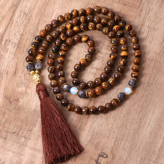 Buddha Energy Necklace Tibetan Tiger Eye Buddha Strength Power Beaded Tassel Pendant Necklace