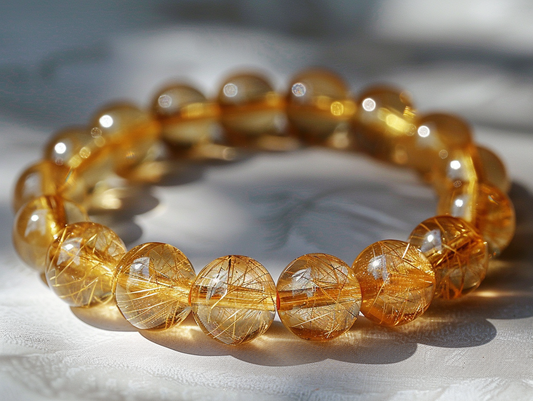 N005 7A Golden Rutilated Quartz Crystal Bracelet : Enhancing Energy, Wealth, and Solar Plexus Chakra Harmony