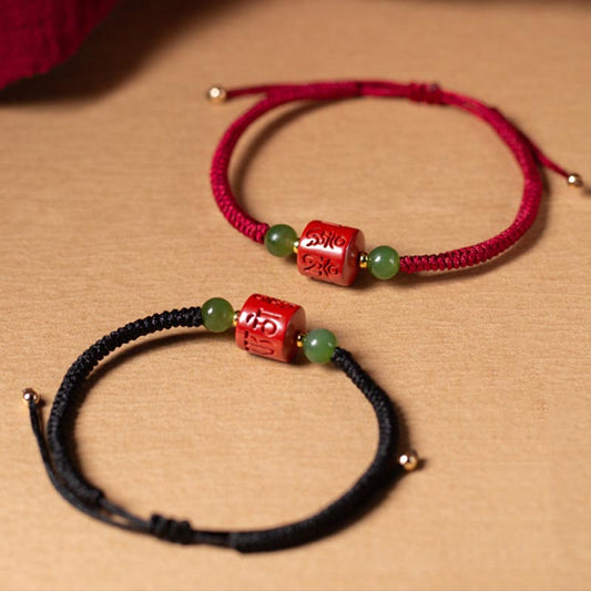 Ancient Tibetan Buddhist Red String Tradition  Tibetan Cinnabar Om Mani Padme Hum Engraved Blessing Braided Rope Bracelet