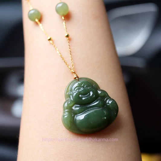 Spirituality Laughing Buddha Hetian Jade Luck Necklace Bead Chain Pendant