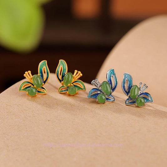 Jade  925 Sterling Silver Plated Gold Natural Cyan Jade Butterfly Luck Healing Earrings