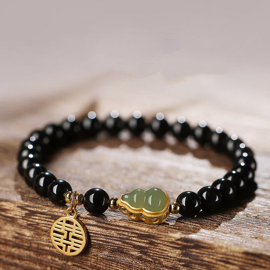 Spirituality Buddha Karma Natural Black Obsidian Hetian Jade Gourd Double Happiness Strength Bracelet