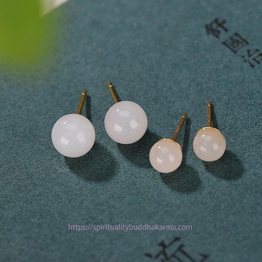 Jade  925 Sterling Silver Round White Jade Blessing Stud Earrings