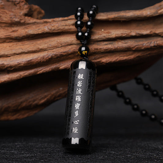 Spirituality Buddha Karma Natural Black Obsidian Heart Sutra Purification Necklace Pendant