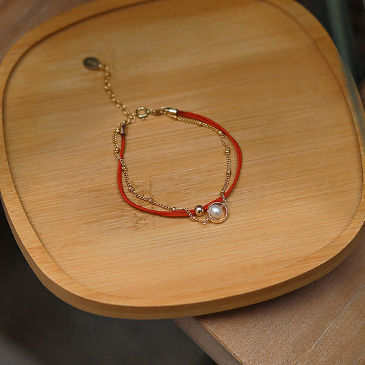 Ancient Tibetan Buddhist Red String Tradition  14K Gold Plated Pearl Bead Luck Red String Double Layer Bracelet