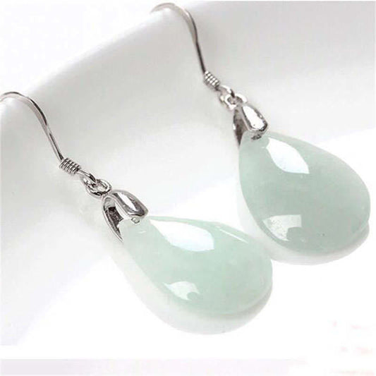 Jade  925 Sterling Silver Jade Water Drop Luck Dangle Earrings