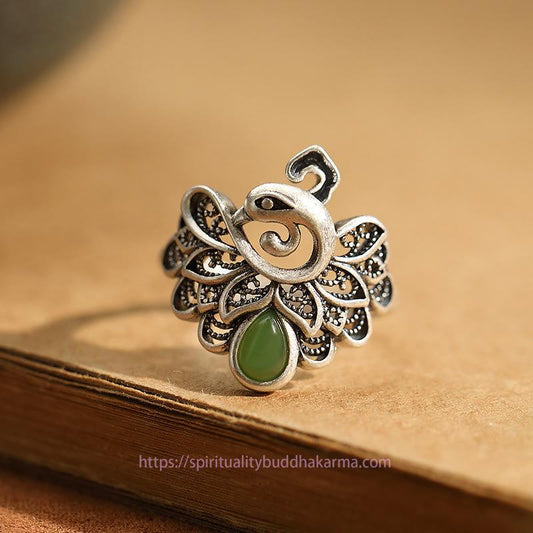 Jade  925 Sterling Silver Peacock Hetian Cyan Jade Fortune Adjustable Ring