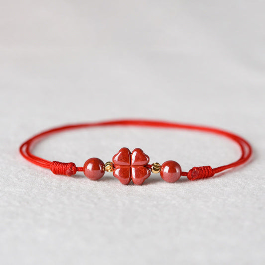 Ancient Tibetan Buddhist Red String Tradition  Four Leaf Clover Cinnabar Blessing Calm String Bracelet Anklet