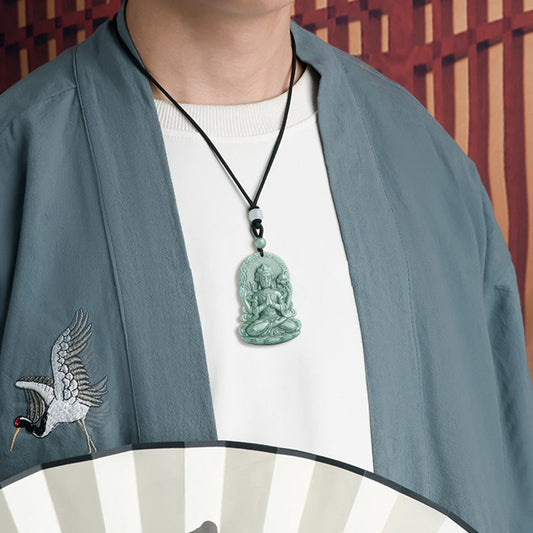 Jade  Four-armed Avalokitesvara Natural Jade Amulet Blessing String Necklace