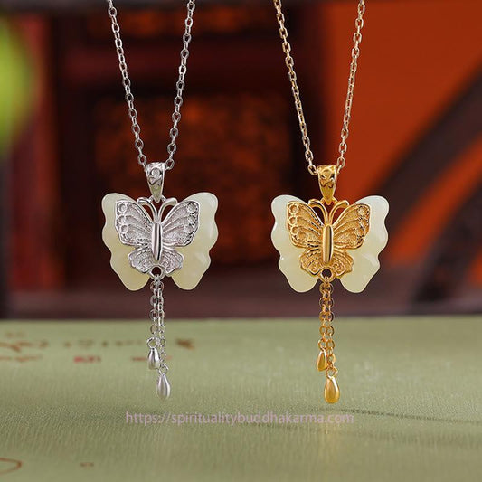 Jade  925 Sterling Silver Plated Gold Hetian White Jade Butterfly Blessing Necklace Pendant