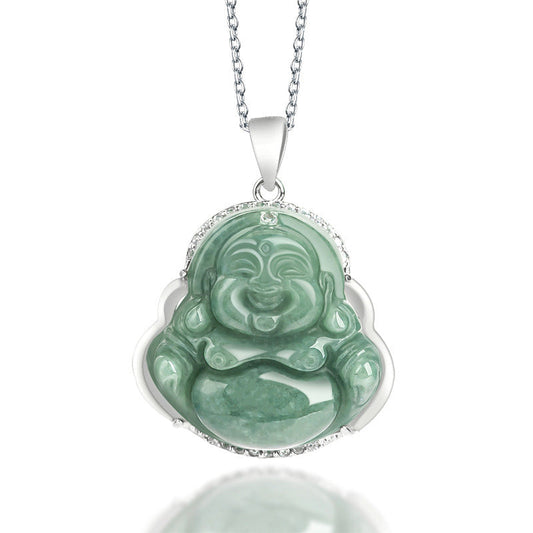 Jade  925 Sterling Silver Laughing Buddha Jade Abundance Necklace Chain Pendant