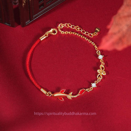 Ancient Tibetan Buddhist Red String Tradition  925 Sterling Silver Koi Fish Zircon Wealth Success Braided Chain Bracelet