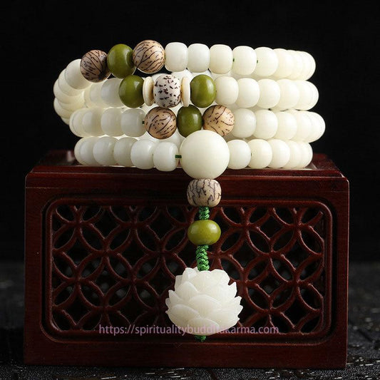 Spirituality Buddha Karma White Jade Bodhi Lotus Mala Harmony Necklace Bracelet