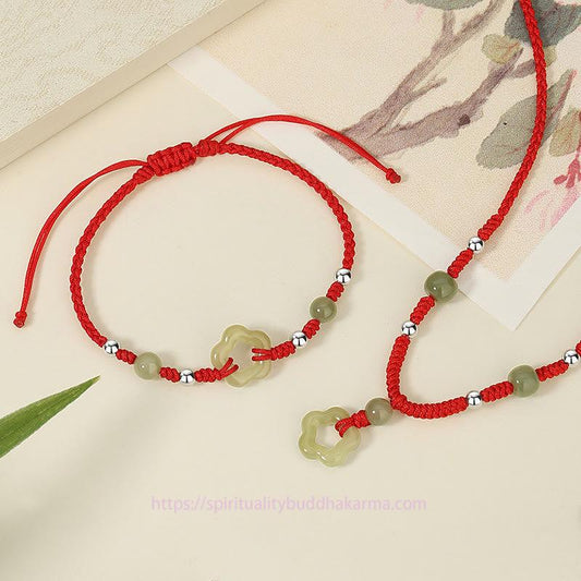 Ancient Tibetan Buddhist Red String Tradition  925 Sterling Silver Natural Hetian Cyan Jade Flower Pentagram Luck Red Rope Necklace Pendant Bracelet Set