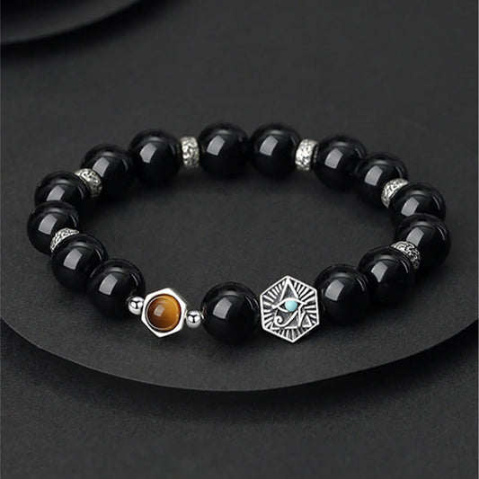 Spirituality Buddha Karma 925 Sterling Silver Black Obsidian Tiger Eye Eye of Providence Purification Bracelet