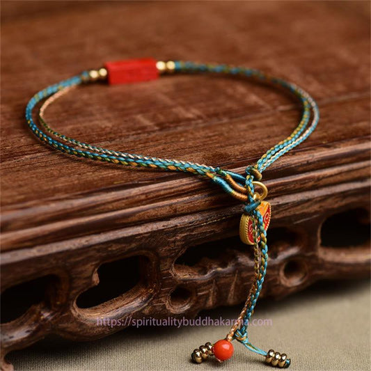 Ancient Tibetan Buddhist Red String Tradition  Handmade Cinnabar As One Wishes Blessing Braid Double Layer Bracelet