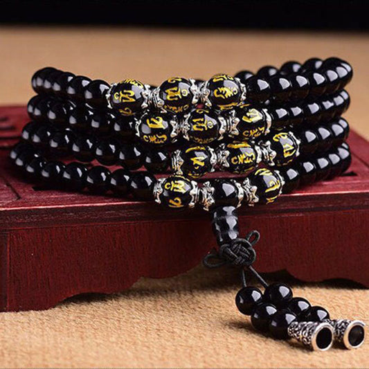 Spirituality Buddha Karma Black Obsidian Six True Words Protection Mala Bracelet