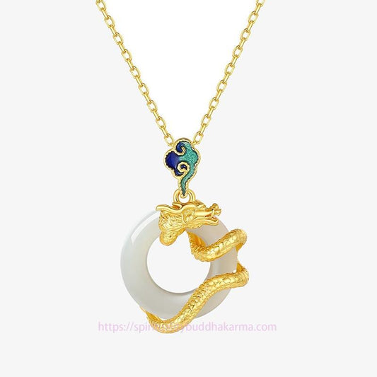 Jade  Year Of The Dragon 925 Sterling Silver Hetian White Jade Peace Buckle Auspicious Clouds Success Necklace Pendant