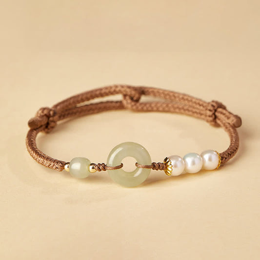 Jade  Natural Hetian Jade Pearl Peace Buckle Luck Bracelet