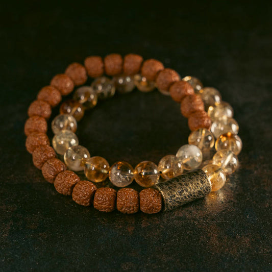 Golden Energy Citrine Natural Wealth Solar Plexus Chakra (Third Chakra) Crystal Rudraksha Bodhi Seed Brass Bead Prosperity Double Wrap Bracelet