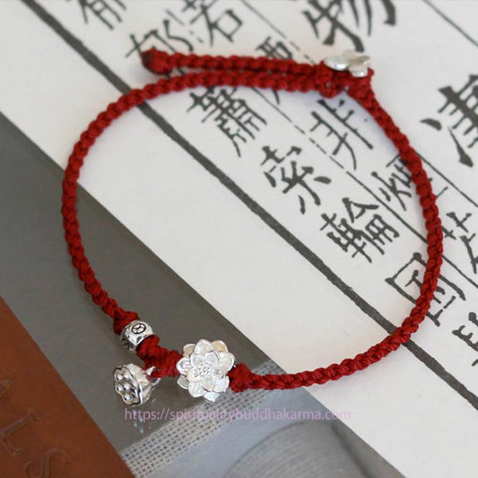 Ancient Tibetan Buddhist Red String Tradition  Handmade Lotus Flower Luck Braid Red Rope Bracelet