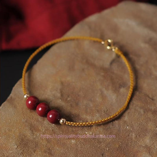 Tibetan Knot Protection 14K Gold Plated Natural Cinnabar Blessing String Braided Bracelet