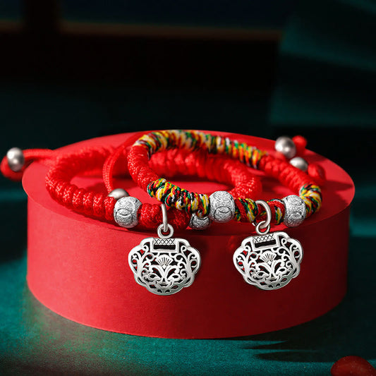 Ancient Tibetan Buddhist Red String Tradition  925 Sterling Silver Chinese Lock Charm Multicolored Red String Protection Handmade Braided Kids Bracelet