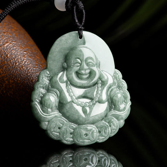 Jade  Laughing Buddha Natural Jade Copper Coin Abundance Necklace Pendant