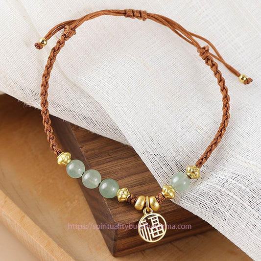 Ancient Tibetan Buddhist Red String Tradition  Jade Beads Fu Character Blessing Rope Bracelet