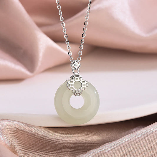 Jade  925 Sterling Silver Natural Hetian White Jade Chalcedony Coin Peace Buckle Luck Necklace Pendant
