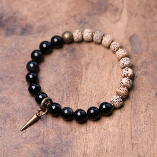 Spirituality Buddha Karma  Tibetan Bodhi Seed Black Obsidian Ebony Wood Copper Peace Bracelet