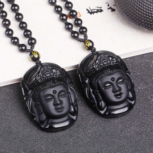 Spirituality Buddha Karma Natural Black Obsidian Kwan Yin Avalokitesvara Strength String Necklace Pendant