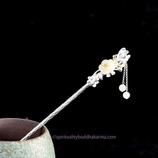 Jade  925 Sterling Silver Hetian White Jade Flower Blessing Hairpin