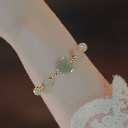 Jade  14K Gold Plated Hetian Jade Rose Flower Luck Chain Bracelet
