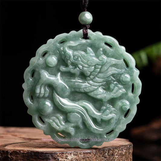 Jade  Chinese Zodiac Dragon Phoenix Round Jade Luck Necklace String Pendant