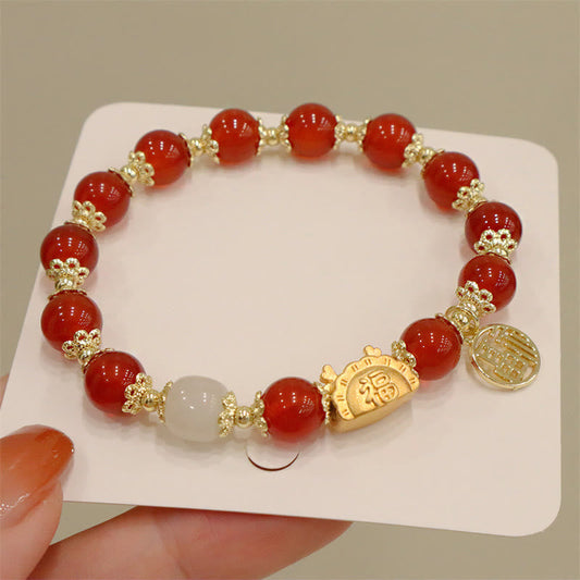 Jade  Year Of The Dragon Red Agate Strawberry Quartz Black Obsidian Jade Garnet Pearl Cinnabar Dumpling Dragon Luck Fu Character Bracelet
