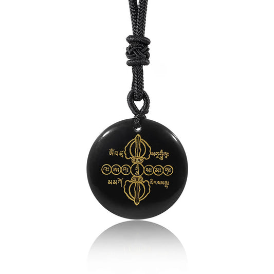 Spirituality Buddha Karma Vajra Dorje Sanskrit Pattern Natural Various Crystal Black Obsidian Fulfilment Necklace Pendant