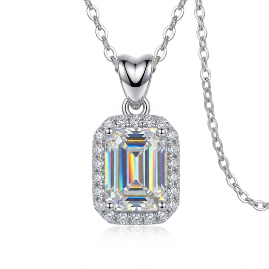 011 S925 Sterling Silver Emerald Cut Moissanite Pendant Necklace, D Color